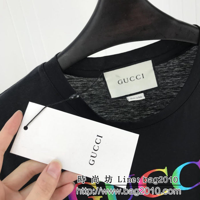 GUCCI古馳 19早春新款 漸變色logo印花 雙股絲光棉短袖 男女同款 ydi1606